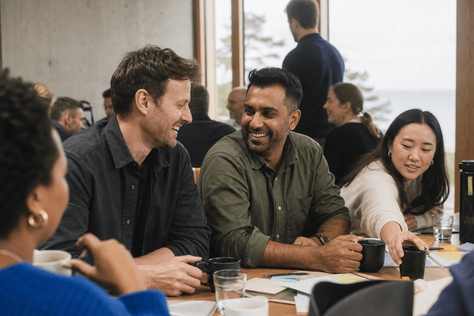 Colleagues laughing during a break