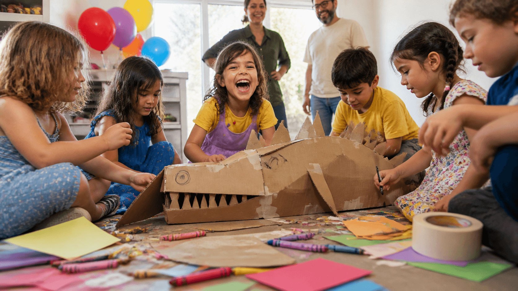 Children building a cardboard creature