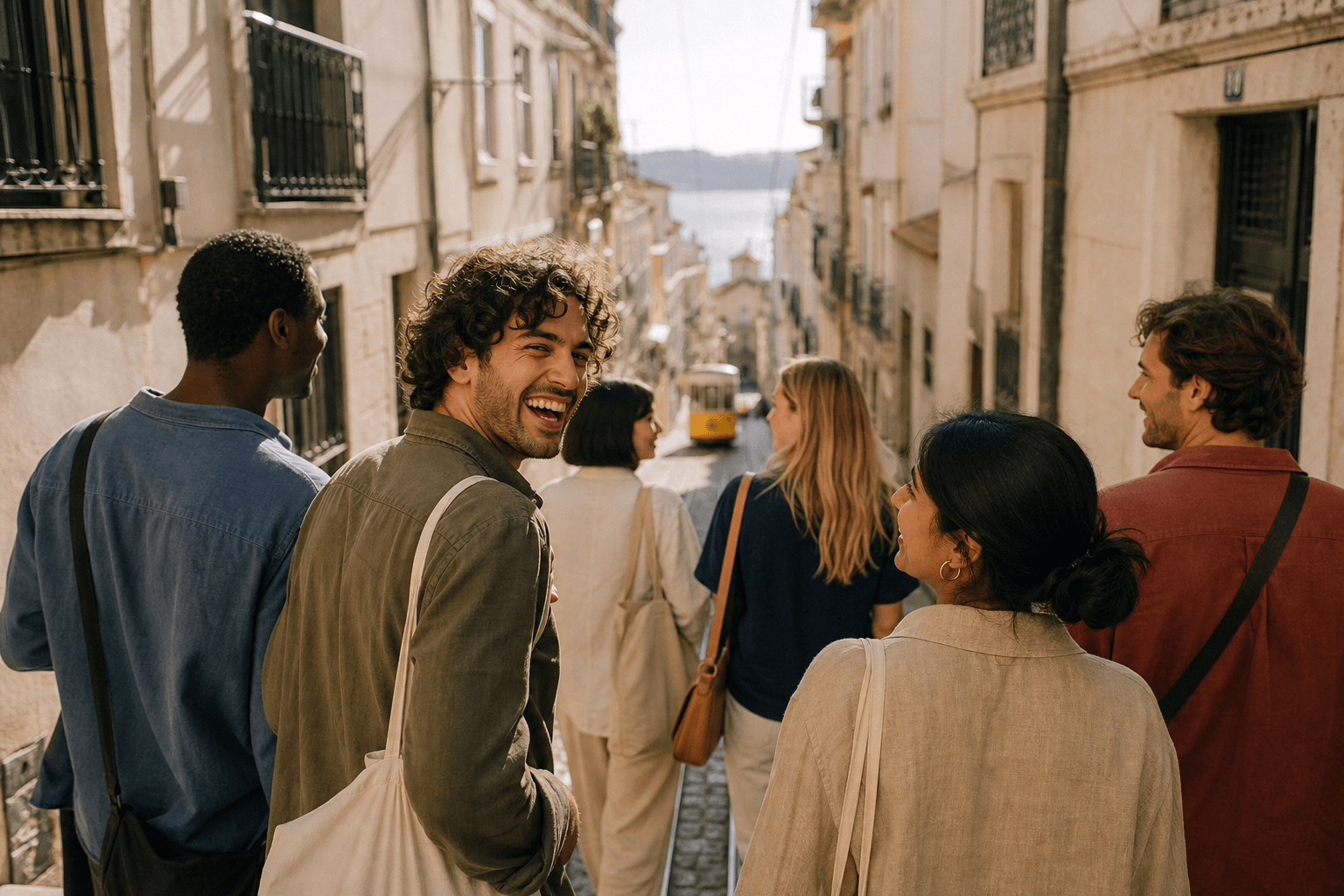 Friends walking through Lisbon