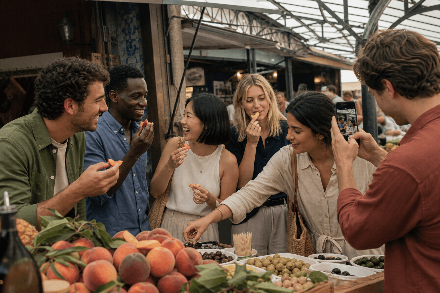 Friends tasting fruit at a market