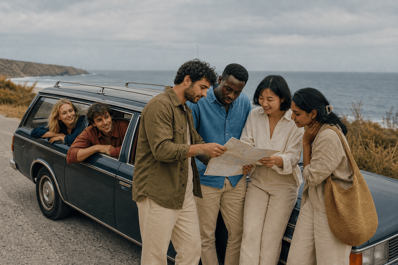 Friends reading a map on a coastal road