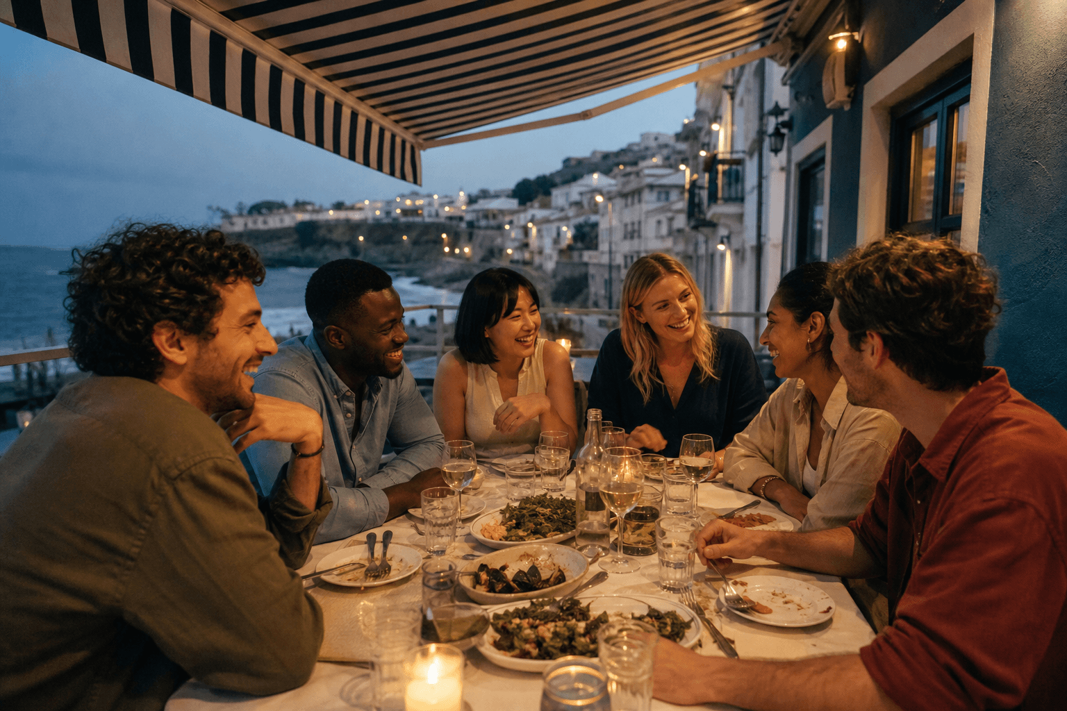 Friends at dinner by the sea