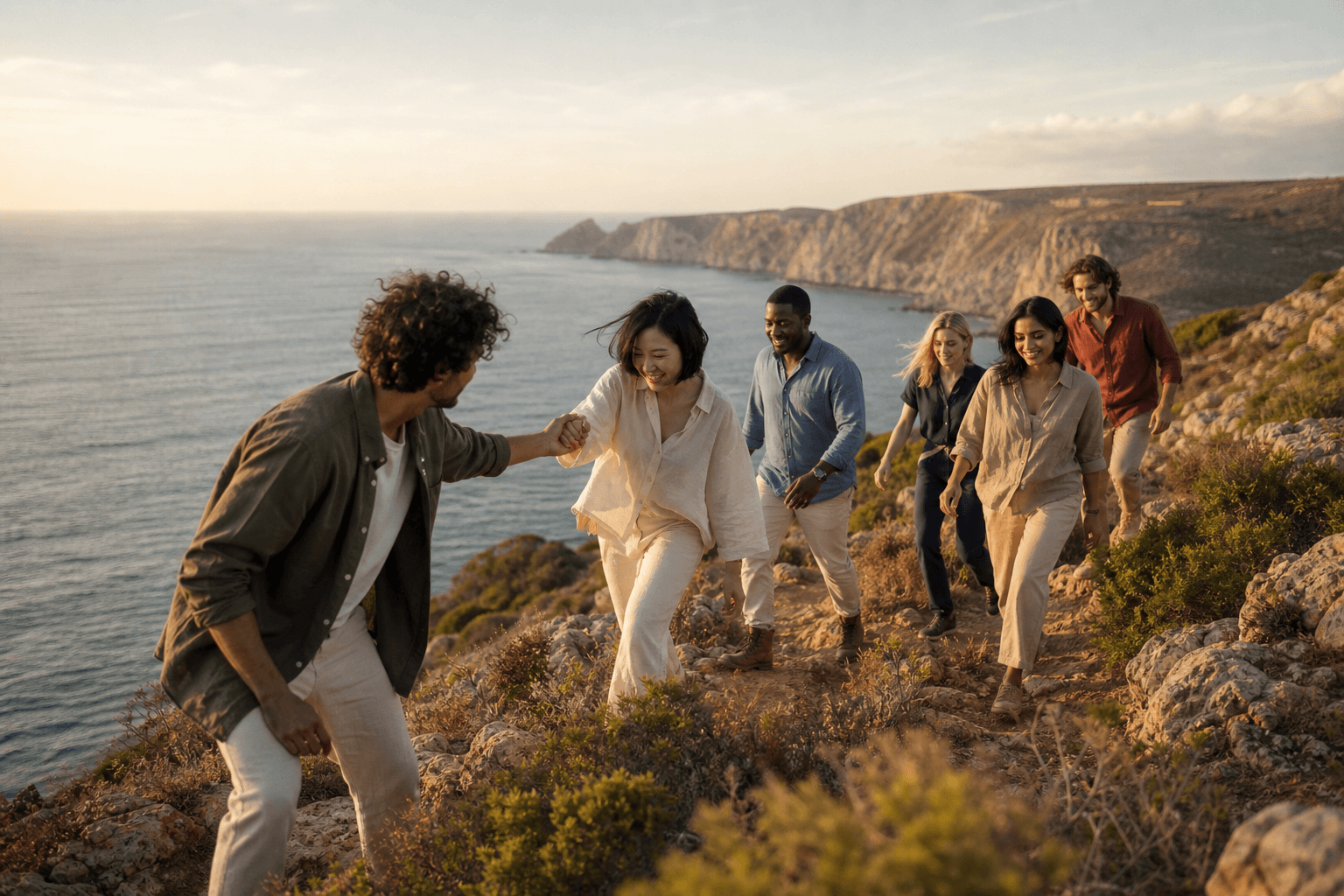 Friends walking on coastal cliffs
