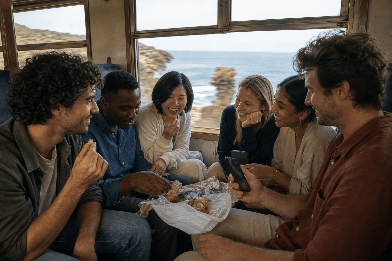 Friends sharing photographs on a train